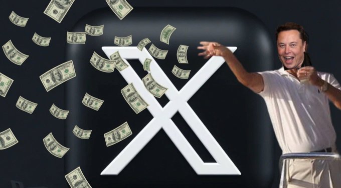Elon Musk is shown celebrating with money raining down around the X logo, illustrating the X Money payouts mentioned in the post.