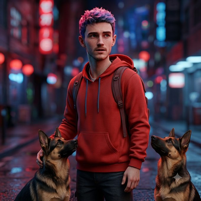A young man with pink-tinted hair wearing a red hoodie stands in a neon-lit urban street at night with two German Shepherd dogs beside him.