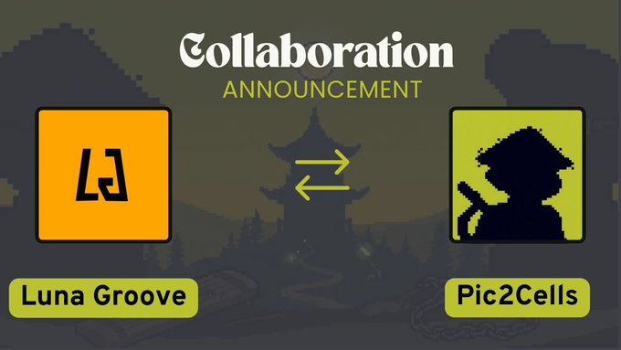 A collaboration announcement graphic featuring 'Luna Groove' on the left and 'Pic2Cells' on the right with yellow arrows between them, set against a silhouetted pagoda background.