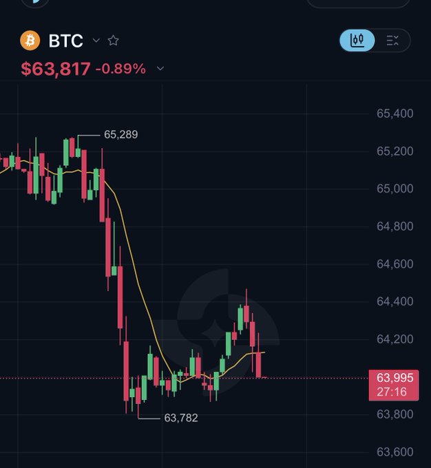 The image shows a Bitcoin (BTC) candlestick chart on mobile, with the current price at $63,817 (-0.89%), highlighting a recent dip from a high of $65,289 to a low of $63,782. A pink horizontal dashed line marks the latest price at $63,995 (27:16), demonstrating the new feature that keeps the current price visible while viewing older candles.