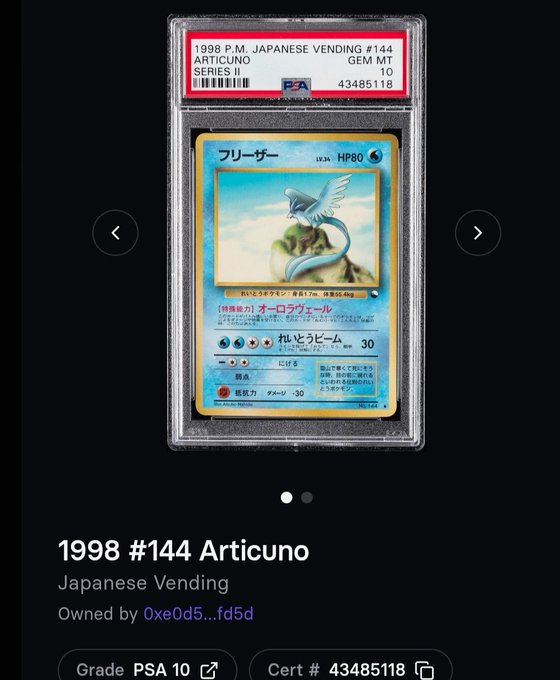 In this image, there is an auction for a Pokémon trading card that includes information about its origin and rarity, with details such as price and where it's being sold. The price of the card shows up to be $107.77, while the seller is located in Japan. They are also offering a trade-in option on a collector's account with a value of $84.95 for an Articuno card. This indicates that they are selling this particular card as part of their collection of Pokemon trading cards. The post also includes contact information and a description of the card, providing details about its background story and how it was acquired.