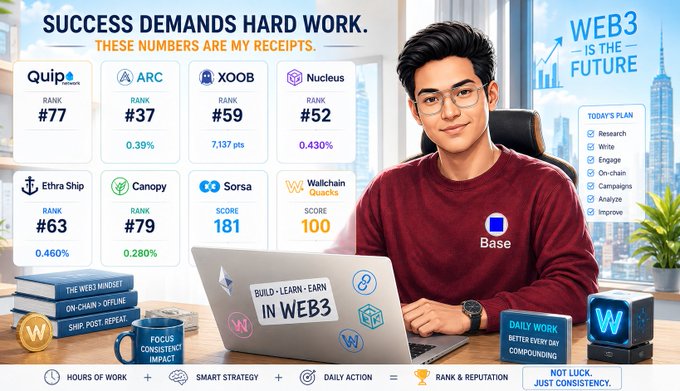 A 'SUCCESS DEMANDS HARD WORK' infographic shows a young man with a laptop surrounded by Web3 project rankings including Quip (#77), ARC (#37), XOOB (#59), Nucleus (#52), Ethra Ship, Canopy, Sorsa, and Wallchain, alongside a 'WEB3 IS THE FUTURE' message.