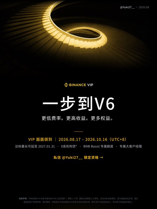 A sleek black Binance VIP promotional graphic features a golden spiral design and Chinese text reading "一步到V6" (Straight to V6), advertising a VIP face-value period from 2026.08.17 to 2026.10.16 (UTC+8) with lower fees, higher returns, and exclusive perks like zero management fees until 2027.01.31 and dedicated VIP support, inviting users to DM @Yuki27__ to lock in their qualification—directly addressing the post's question about flexible, cost-effective VIP fee arrangements without upfront BNB commitments.