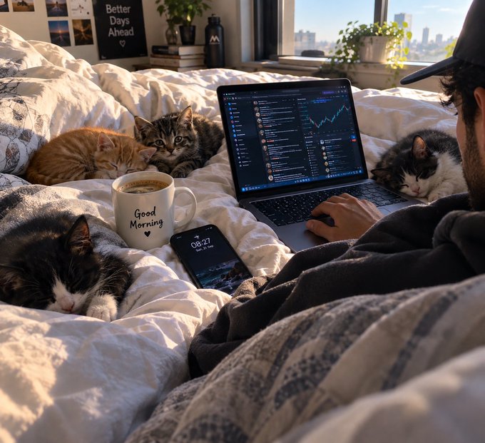 A man works on a laptop displaying trading charts while lying in bed, accompanied by three cats, a "Good Morning" coffee mug, and a smartphone showing the time 08:27.