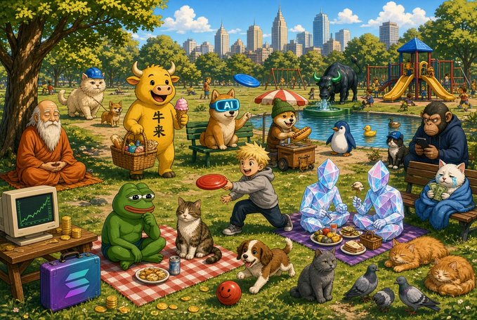A whimsical, colorful illustration depicting a variety of anthropomorphic animals, mythical creatures, and characters enjoying a picnic in a park with a city skyline in the background. Notable elements include a bull character with '牛莱' on its shirt, a frog, dogs, cats, and crystal-like figures.