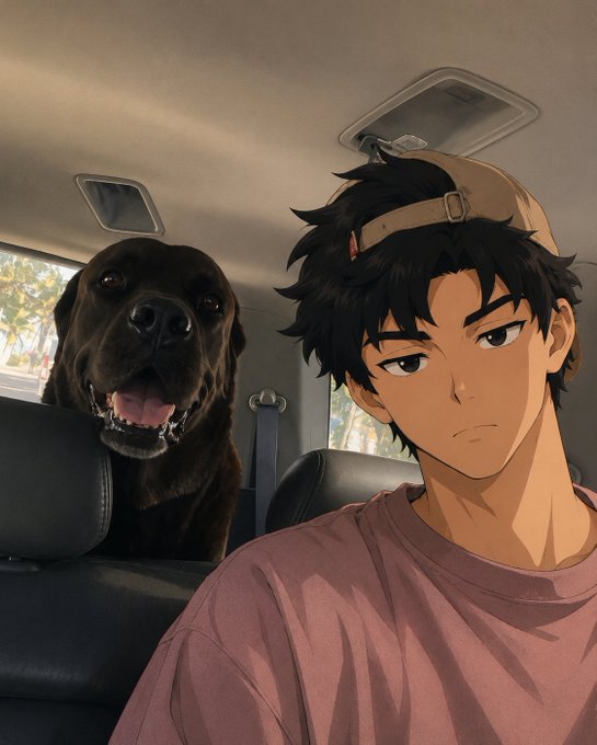 An anime-style image of a young man wearing a backwards cap sitting inside a car, with a large black dog panting in the back seat.