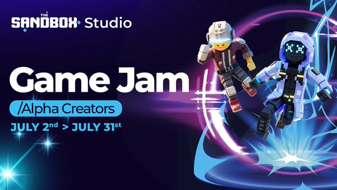 Promotional banner for 'The Sandbox Studio Game Jam' for Alpha Creators, running from July 2nd to July 31st, featuring two voxel-style characters with glowing blue energy effects.