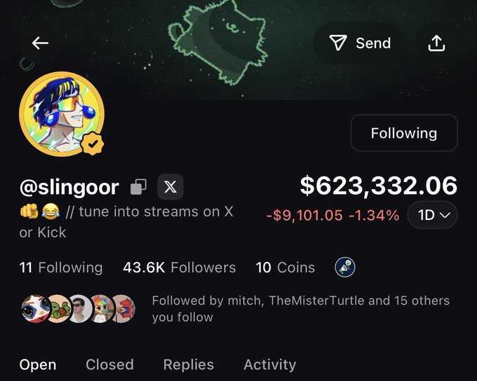 This image shows a profile page for user @slingoor, which displays the username, an animated avatar, a verified badge, the tweet text "tune into streams on X or Kick," follower count of 43.6K, and notably a large crypto wallet balance of $623,332.06 showing a recent decline of $9,101.05 (-1.34%). The accompanying post "follow sling on pump guys fcked" appears to be promoting following this user on the Pump.fun platform, with the high wallet balance displayed serving as social proof of the account's success or wealth.