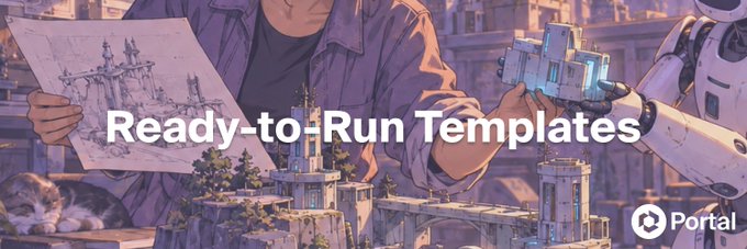 A person holds a hand-drawn castle sketch while a robot offers building blocks, illustrating how Portal Gen8's ready-to-run templates transform simple ideas into playable games. The text overlay reads "Ready-to-Run Templates" with the Portal logo, emphasizing how beginners can start creating without writing a perfect GameSpec from scratch.