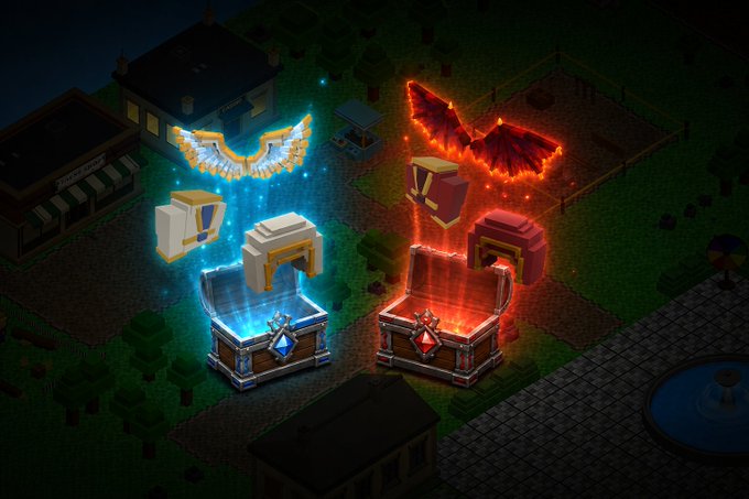 An isometric video game screenshot showing two treasure chests, one with blue/white angel wings and the other with red/orange demon wings, each with corresponding items floating above them in a town setting.