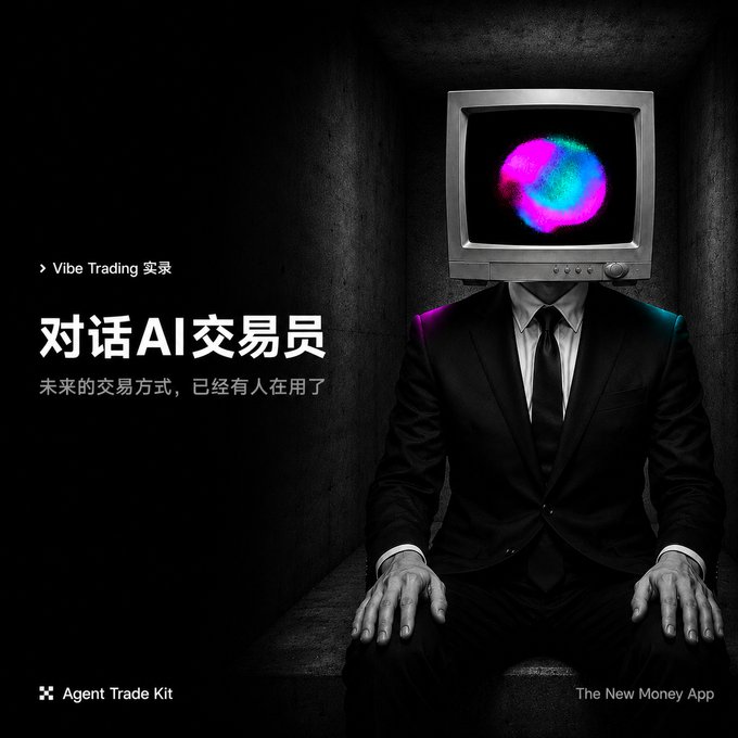 A surreal black-and-white image of a person in a suit with a television for a head displaying a colorful static blob, accompanied by Chinese text '对话AI交易员' and English text 'Vibe Trading 实录' and 'The New Money App' by 'Agent Trade Kit'.