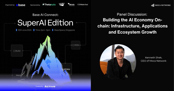 The image shows a poster for an event titled "Building the AI Economy On-chain Infrastructure, Applications, and Ecosystem Growth" at Base AI Connect. The poster features a man sitting next to a mountain, symbolizing the growth of AI technology. There are two panels on the poster, one with a blue background and white text, and another with a black background and white text. Both panels have a picture of a mountain in them.

The event is scheduled for June 25th at 10:00 am, as indicated by the time stamp displayed on the poster. The poster also mentions that there will be a panel discussion about AI agents and their identity verification process during @superai_conf Singapore week.