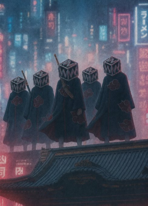 Anime-style artwork depicting Akatsuki members from Naruto wearing their signature black cloaks with red cloud patterns, standing on a rooftop overlooking a neon-lit city.