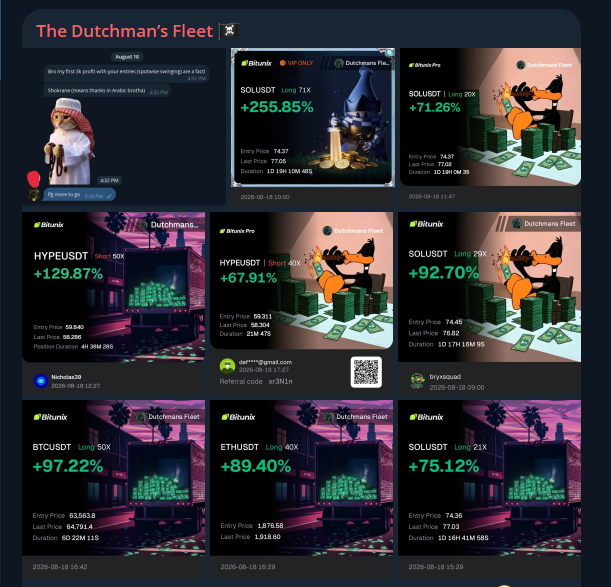 The image shows a collection of profit and loss (PNL) screenshots from "The Dutchman's Fleet" featuring crypto trading results across various tokens including SOLUSDT (+255.85%, +71.26%, +92.70%, +75.12%), HYPEUSDT (+129.87%, +67.91%), BTCUSDT (+97.22%), and ETHUSDT (+89.40%), with short and long positions dated August 18, 2026, showcasing the massive profits referenced in the post about community members "printing hard" on $ETH, $SOL, $BTC, and $HYPE trades.