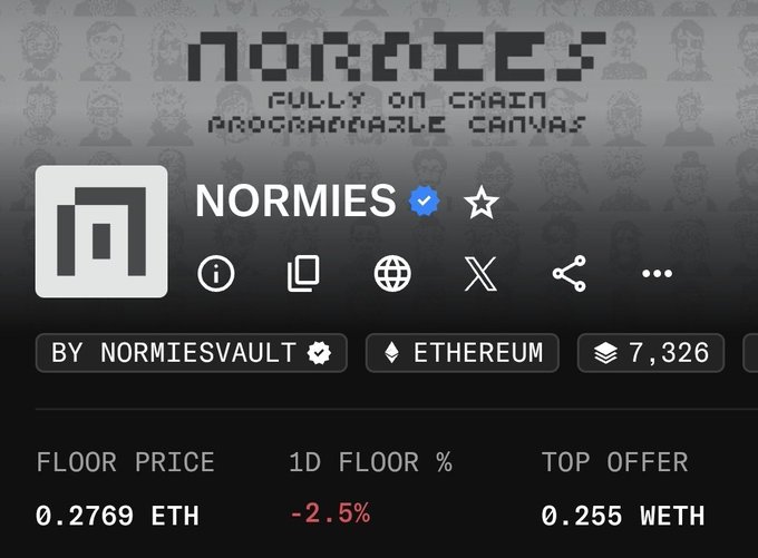 An OpenSea listing for the 'NORMIES' NFT collection, described as 'FULLY ON CHAIN PROGRAMMABLE CANVAS' on Ethereum, with a floor price of 0.2769 ETH and 1D floor change of -2.5%.