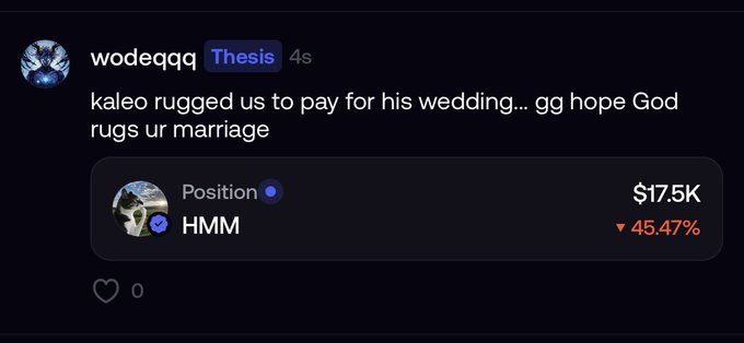 A social media post from user 'wodeqqq' stating 'kaleo rugged us to pay for his wedding... gg hope God rugs ur marriage', showing a token called 'Position' (HMM) down 45.47% to $17.5K.