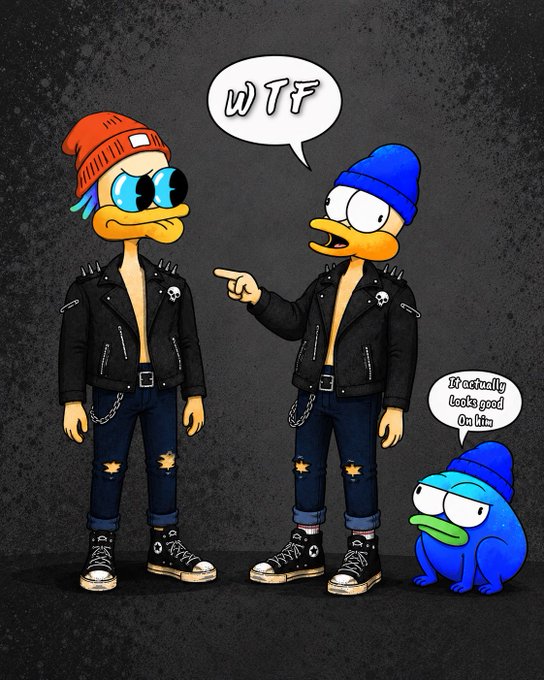 A cartoon illustration features two duck characters in punk attire with leather jackets and beanies, one saying "WTF" in a speech bubble, while a crying blue frog character comments "It actually looks good on him".