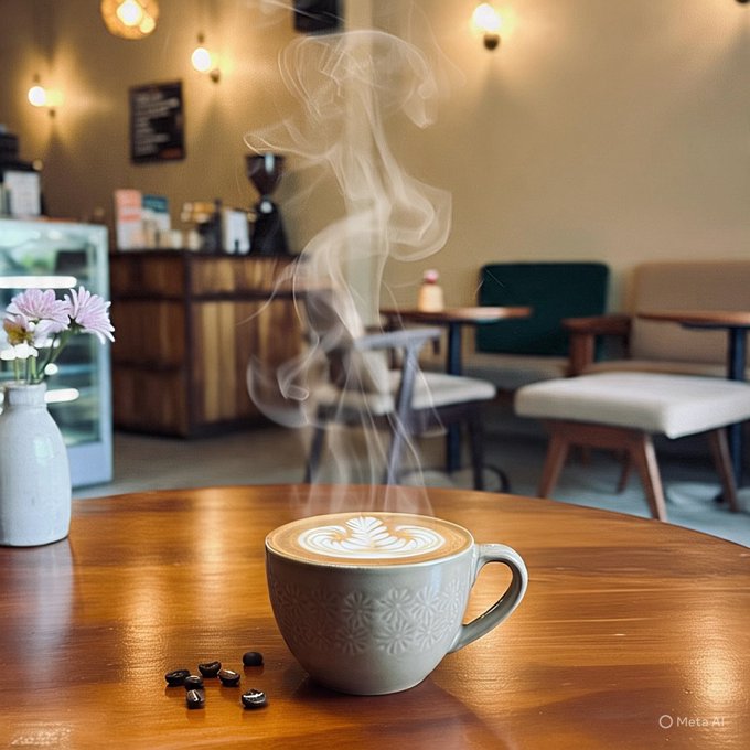The image shows a cup of coffee sitting on a wooden table, with steam rising from it. The background features a dining area with chairs and tables, as well as some flowers placed on one of the tables. There are also two vases present in the scene - one near the left side of the image and another closer to the center.