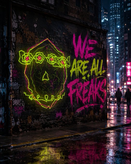 The image shows a graffiti-covered wall with neon pink letters that say "we are all freaks". The text appears to be written by someone named @freaksone1, who has built an AI agent stack on Ethereum. The floor of the building is moving, and there's a reflection of the person walking in front of it.