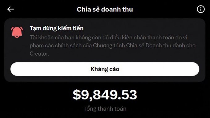 A Vietnamese-language TikTok Creator revenue sharing screen showing an account pause notice ('Tạm dừng kiếm tiền') with a total payment of $9,849.53.