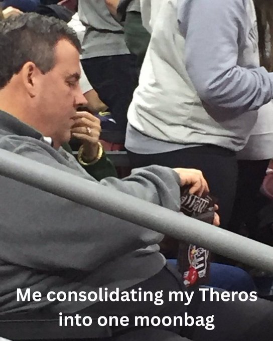 A man in a gray hoodie sits at a sports venue holding snacks, with a caption reading 'Me consolidating my Theros into one moonbag'.