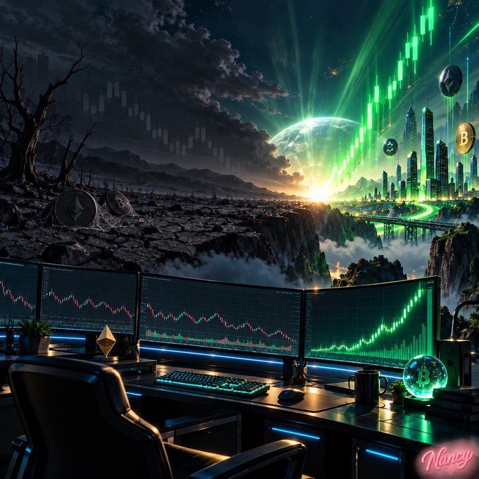 A stylized crypto trading scene featuring a desk with multiple monitors showing green candlestick charts, set against a dramatic landscape with a futuristic city, Bitcoin imagery, and 'Nancy' watermark.