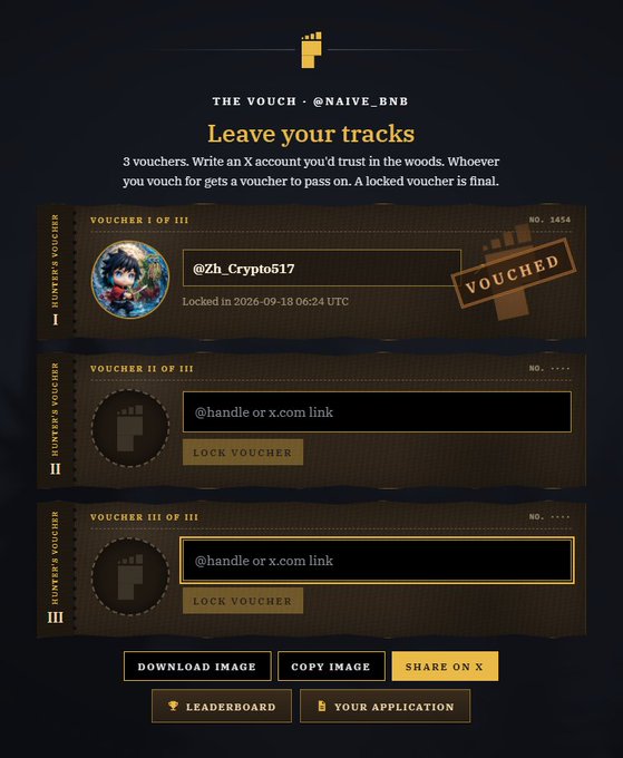 A voucher interface titled 'THE VOUCH · @NAIVE_BNB - Leave your tracks' showing 3 vouchers, with the first one locked for @Zh_Crypto517 and two remaining slots available for handles or x.com links.