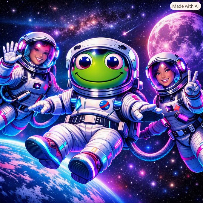 An AI-generated illustration shows three cartoon characters in astronaut suits floating in space, with a green frog-like character in the center and two human characters on either side, set against a backdrop of planets and stars.