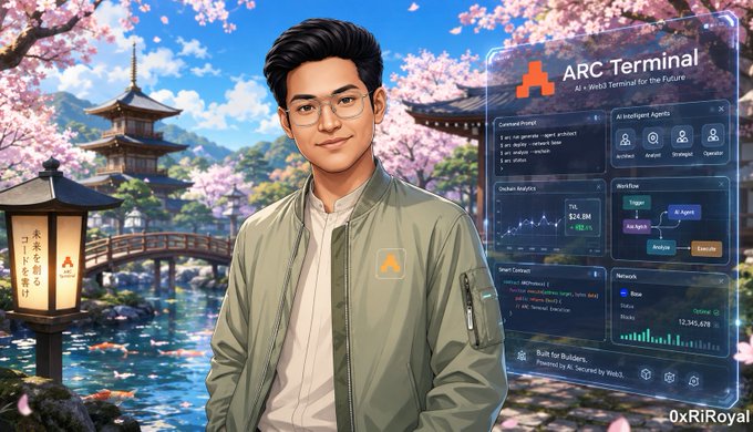 An illustration of a man in a green jacket labeled 'ARC Terminal,' with an AI agent interface and workflow chart beside him, set against a Japanese garden backdrop with cherry blossoms, signed '-0xRiRoyal' in the corner.