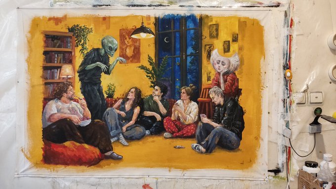A colorful illustration on a yellow background depicts a group of people, including one with an alien mask, gathered in a cozy room with bookshelves and plants, surrounded by art supplies.