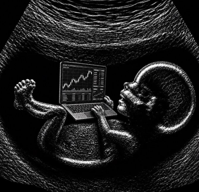 A dark surreal illustration of a fetus inside a womb using a laptop that displays stock trading charts.
