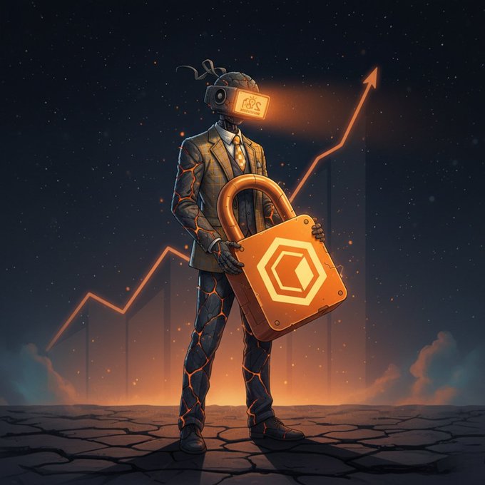 A suited figure with a cracked, lava-veined body and a TV for a head holds a glowing orange padlock emblazoned with the Core DAO logo, standing on a fractured plain against a starry backdrop with an ascending orange chart arrow. The imagery visually argues the post's thesis—being "locked in" on Core DAO despite skeptics pointing to larger-cap chains like Solana, ETH, and BNB—suggesting that conviction in a smaller, "ghost town" network yields powerful, upward-moving rewards.