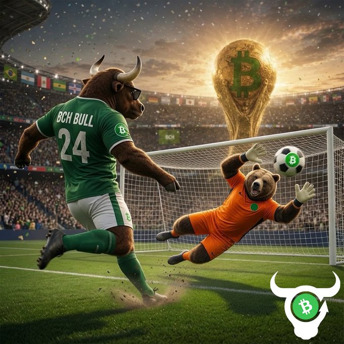 A stylized crypto-themed sports scene featuring a bull in a green jersey labeled 'BCH BULL 24' kicking a Bitcoin-branded soccer ball past a bear goalkeeper, with a glowing golden World Cup-style trophy displaying the Bitcoin logo.