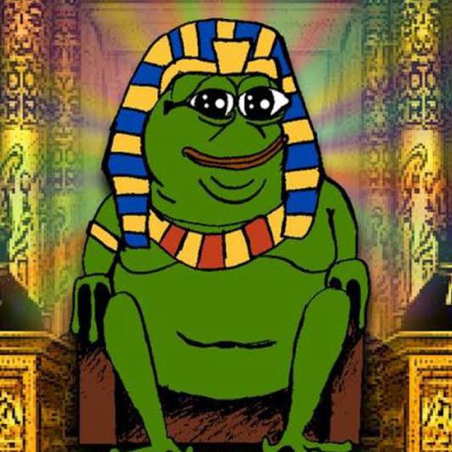 The image shows Pepe the Frog dressed as an ancient Egyptian pharaoh, wearing a striped blue and gold nemes headdress and matching collar, seated on a throne within a hieroglyphic-decorated temple. The meme depicts "Pharaoh Pepe" as a symbol of crypto bullishness, humorously tying the frog's royal, powerful pose to the post's excitement about flipping $AI and rallying meme coins like $AP and $PEPE.