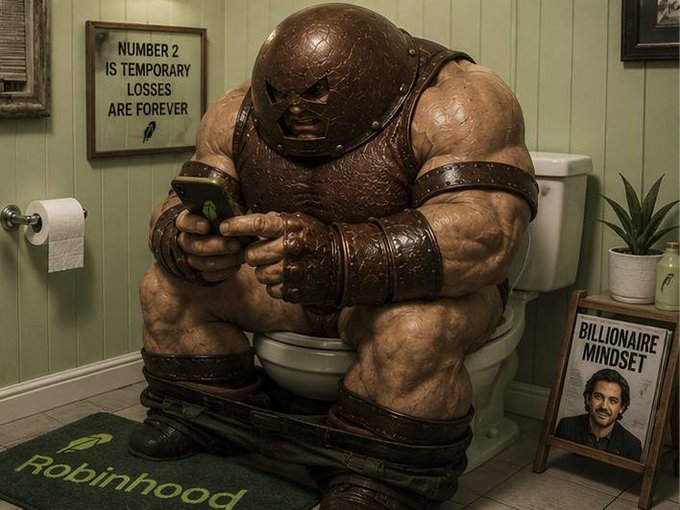 A massive, armored figure resembling a fantasy brute sits hunched on a toilet, intensely focused on a smartphone, perfectly capturing the "Locked in" sentiment of obsessive market focus. Surrounding details reinforce the trading theme: a "Robinhood" bath mat, a "Billionaire Mindset" book, and a framed sign reading "NUMBER 2 IS TEMPORARY, LOSSES ARE FOREVER."
