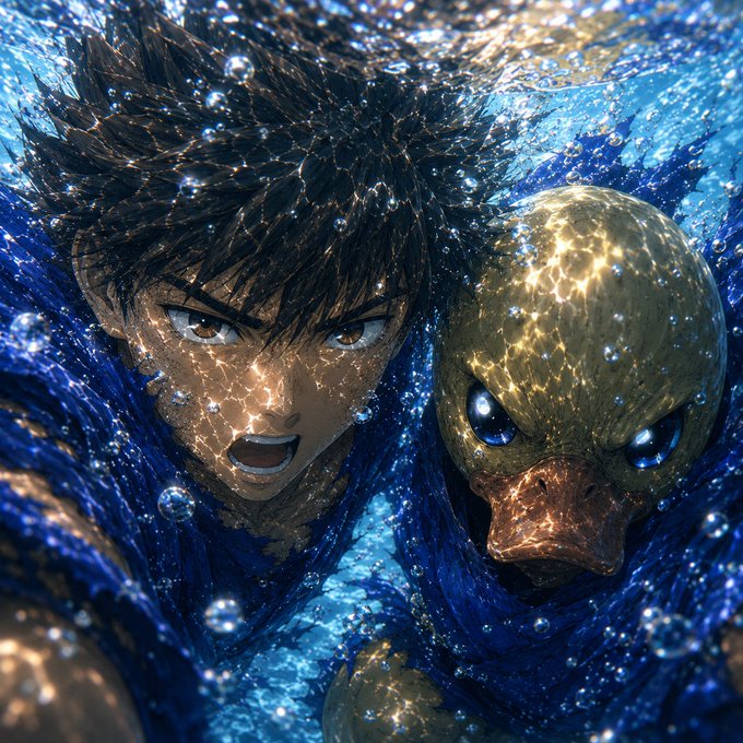 An anime-style image depicting a dark-haired young man and an alien-like creature with glowing eyes emerging from turbulent blue water with sparkling bubbles.