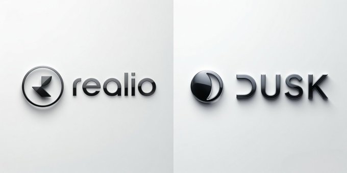 The image displays the logos of two cryptocurrencies, Realio ($RIO) and Dusk ($DUSK), presented as sleek, metallic-style emblems against a light gray background. This visual accompanies a post highlighting both projects as leaders in tokenizing real-world assets (RWAs) on blockchain networks, with Dusk specifically noted as a Layer-1 blockchain.