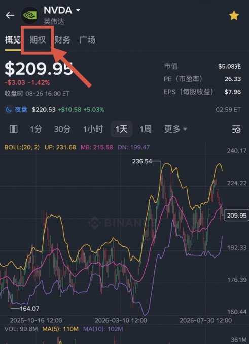 A Chinese stock trading app screenshot showing NVDA (Nvidia) options data with the price at $209.95, down 1.42%, with a red arrow pointing to the '期权' (Options) tab.