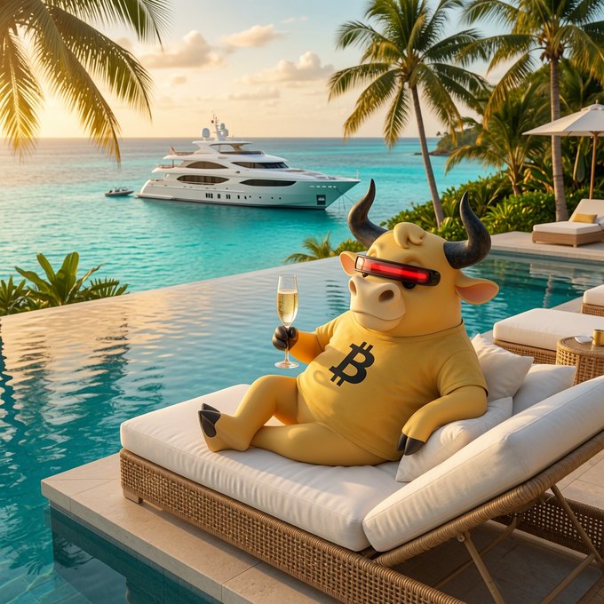 An anthropomorphic bull character wearing a yellow shirt with the Bitcoin "₿" logo lounges on a luxury poolside daybed, sipping champagne with a yacht anchored in the turquoise ocean behind it. The image visually represents the lavish "crypto success" lifestyle associated with the promoted NFT collection and $STONKBROKER opportunity.