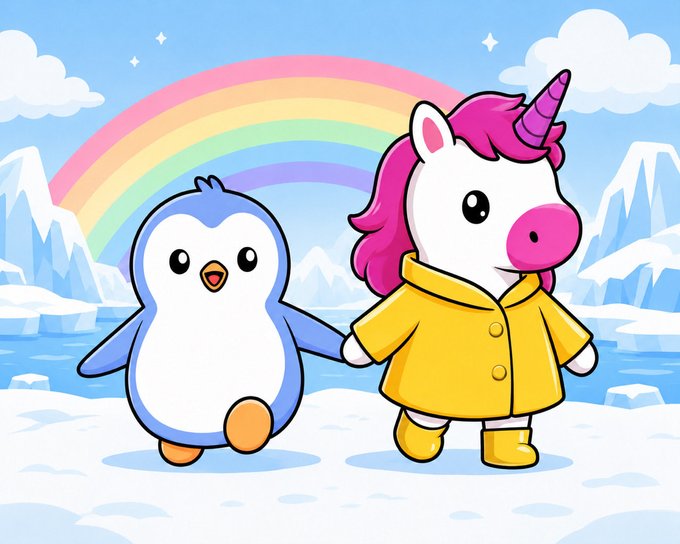 A cute cartoon illustration of a baby penguin holding hands with a pink-maned unicorn wearing a yellow raincoat, set against a winter landscape with a rainbow.