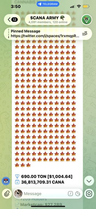 A Telegram chat screenshot from 'SCANA ARMY' showing a pinned message and a large grid of candy corn emojis, with a token purchase notification of 690.00 TON ($1,004.64) for 36,813,709.31 CANA.