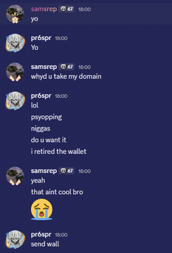 A Discord conversation between users "samsrep" and "pr6spr" where pr6spr initially jokes about "retiring the wallet" and trying to take the domain, before ultimately agreeing to "send wall" (transfer the samsrep.sol domain) to samsrep's main wallet, corroborating the post's claim of a domain transfer between the two accounts.