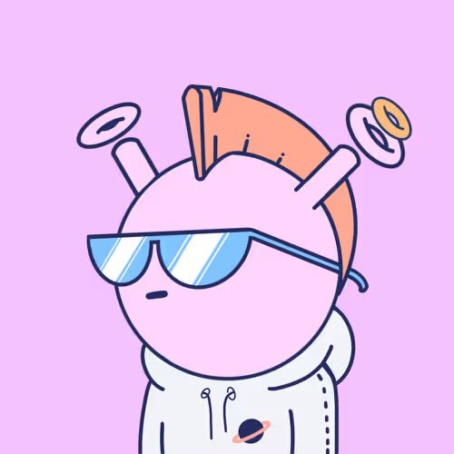 A cartoon illustration of a round pink character with orange hair, wearing blue-tinted sunglasses and a white hoodie with a planet design, with floating rings around its head against a purple background.