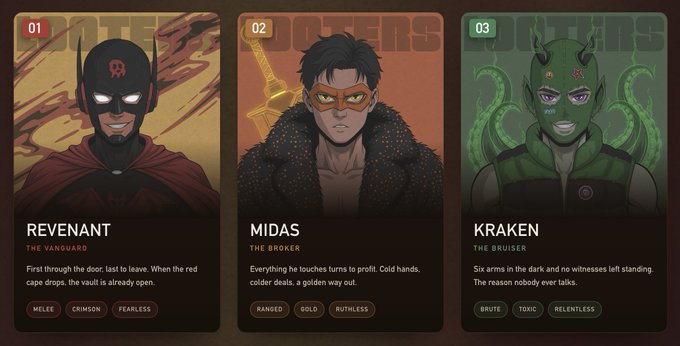 The image presents three character cards from the "Looters" collection—Revenant (01), Midas (02), and Kraken (03)—detailing their roles as The Vanguard, The Broker, and The Bruiser respectively, along with their abilities and keywords.