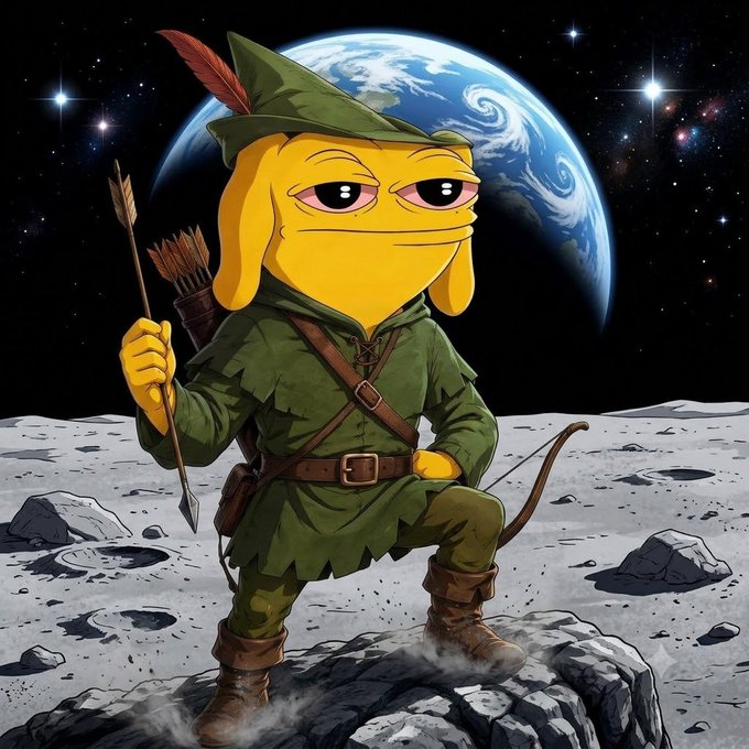 This image depicts a character dressed as Robin Hood standing on the moon, with Earth in the background, symbolizing a journey to the moon as mentioned in the accompanying post.