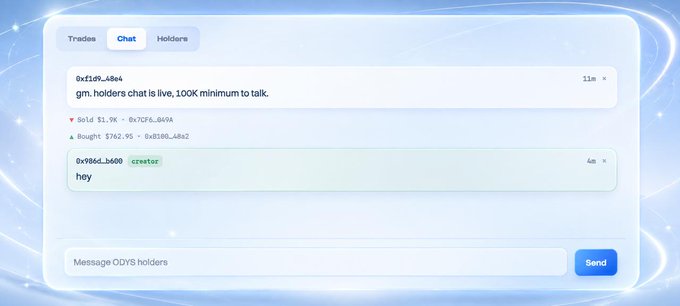 A crypto chat interface displaying a message from user 0xfd9c4b4d about a 'gm holders chat' being live with a 100K minimum to talk, alongside a 'hey' message from creator 0x986d3a60.