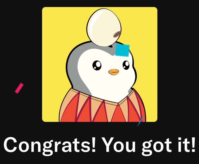 A cartoon penguin character with an egg balanced on its head appears in a yellow frame with 'Congrats! You got it!' text below.