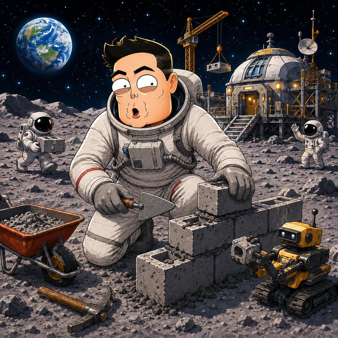 The image depicts a cartoon astronaut laying bricks on the moon's surface, with Earth visible in the background, a yellow construction robot, and another astronaut waving near a lunar base, symbolizing collective progress and construction. The accompanying post emphasizes community and shared journey, mirroring the image's portrayal of teamwork and building toward a common goal in uncharted territory.