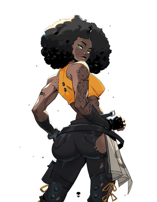 A muscular woman with a large afro, wearing a cropped orange tank top and dark pants, poses confidently with one hand on her hip while gripping a knife behind her back, her arms covered in tattoos. Her bold, edgy stance and combat-ready attire visually embody the confident, unbothered attitude of the "YKTV" (You Know the Vibes) caption.
