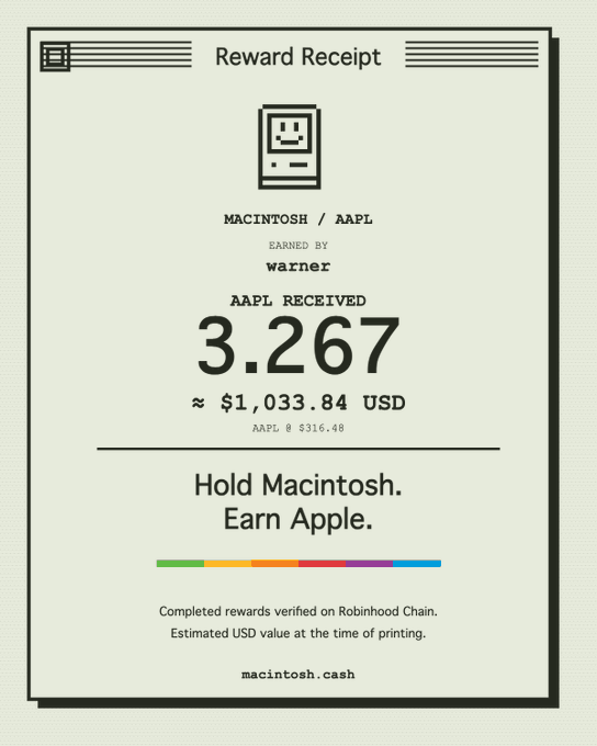 Reward Receipt styled graphic showing 'MACINTOSH / AAPL earned by warner' with 'AAPL RECEIVED 3.267 ≈ $1,033.84 USD' at AAPL @ $316.48. Tagline 'Hold Macintosh. Earn Apple.' Verified on Robinhood Chain, macintosh.cash.